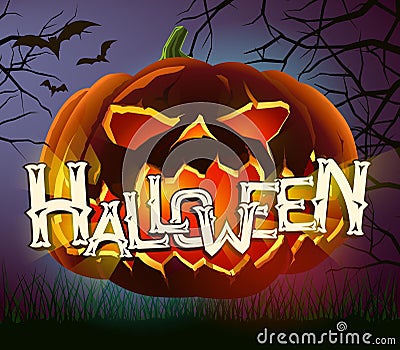 Vector halloween poster with evil pumpkin on dark background. Vector Illustration