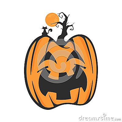 Vector of Halloween Pumpkin with Cat and Horror Tree Vector Illustration