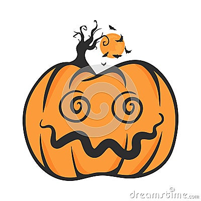 Vector of Halloween Pumpkin with Horror Tree and Bat Vector Illustration