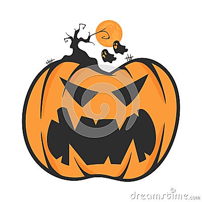 Vector of Halloween Pumpkin with Horror Tree and Ghost Vector Illustration