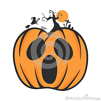 Vector of Halloween Pumpkin with the Witch and Horror Tree Vector Illustration