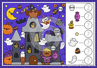 Vector Halloween searching game with haunted house and kawaii characters. Spot hidden objects, say how many. Simple autumn holiday Vector Illustration