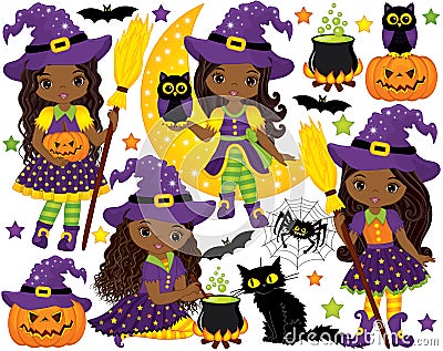 Vector Set with Cute Little African American Witches and Halloween Elements Vector Illustration