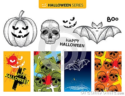 Vector Halloween set in dotwork style. Dotted black skull, bat, pumpkin isolated on white background. Vector Illustration