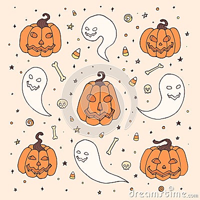 Vector Halloween set with orange pumpkins, ghosts with scary faces, bones, skulls and candy corn in sketch style Vector Illustration