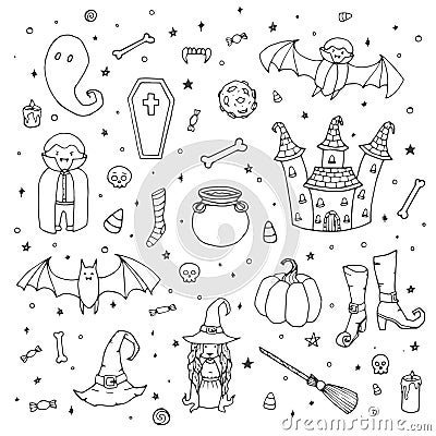 Vector Halloween set with pumpkins, ghosts, vampire, witch, hat, broom, cauldron, house, bats, bones, skulls, candy corn outline Vector Illustration