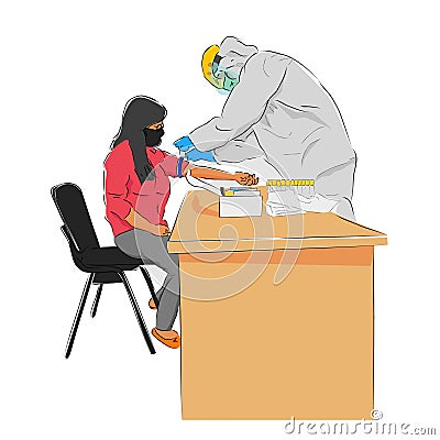 Vector Hand Draw Sketch, Standing Doctor or Nurse Use Hazmat and Face Shield Preparing Blood Test for Covid-19, to the sitting Vector Illustration