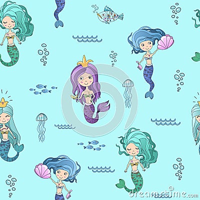 Vector hand drawing cute little mermaid princess seamless pattern background. Vector Illustration