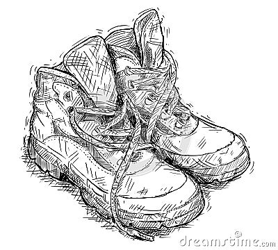 Vector Hand Drawing of Pair of Worn Hiking Boots Vector Illustration