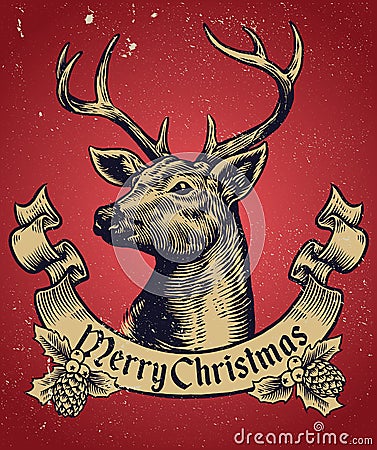 Hand Drawing style of christmas deer with text banner Vector Illustration