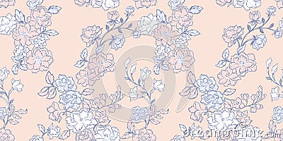 Vector hand drawn abstract, stylized, branches flowers internment in a seamless pattern. Creative gentle light pastel lines floral Vector Illustration