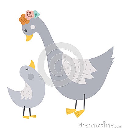 Vector hand drawn baby goose with parent isolated on white. Funny bohemian style woodland bird scene showing family love. Cute Vector Illustration