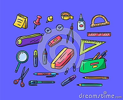 Vector hand drawn Back to School colorful doodles set. Includes cute pencil case, magnifying glass, ruler, text Vector Illustration