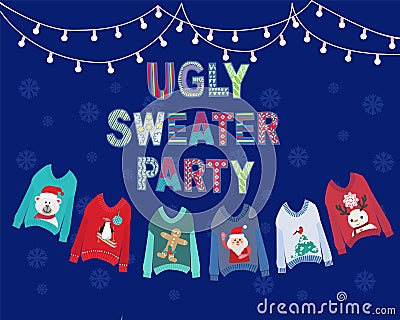 Christmas holiday cute ugly sweater party invitation design Vector Illustration
