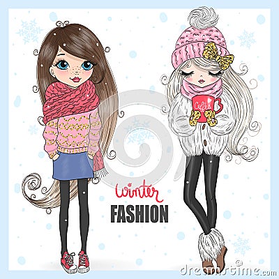 Vector hand drawn beautiful cute girl. Autumn winter season. Vector illustration. Vector Illustration