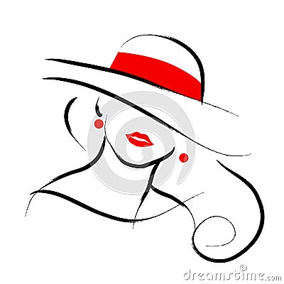 Vector hand drawn beautiful lady in hat portrait isolated on white background. Stock Photo