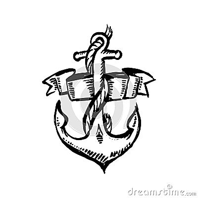 Vector hand drawn black color old school tattoo anchor on white background Vector Illustration