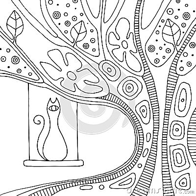 Vector hand drawn black and white illustration with decorative psychedelic tree with branch, leaves, flowers, dots and cat. Vector Illustration