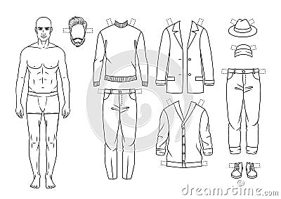 Vector hand drawn black and white illustration of a guy in the underwear is standing in front Cartoon Illustration