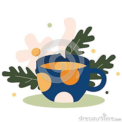Vector hand drawn cartoon illustration cozy cute chamomile hot tea cup with herbal tea Tea time Vector Illustration