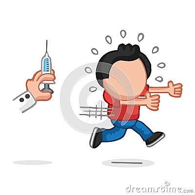 Vector hand-drawn cartoon of man afraid and running from doctor` Vector Illustration