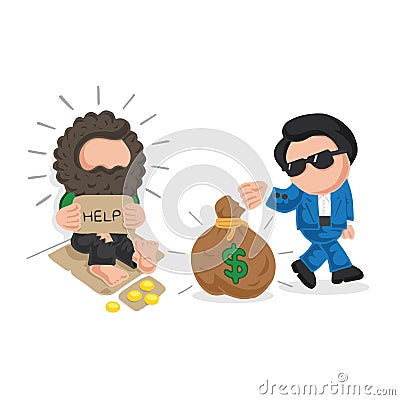 Vector hand-drawn cartoon of rich man giving money bag to homeless Vector Illustration