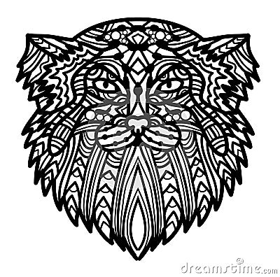 Vector hand drawn cat face Manul with ethnic doodle patterned illustration. Vector Illustration