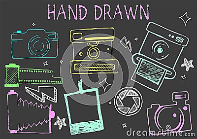 Vector hand drawn chalk illustration of cameras from different times. Photographic equipment set. Vector Illustration