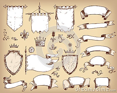 Vector hand drawn collection of heraldic templates: shield, flag Vector Illustration