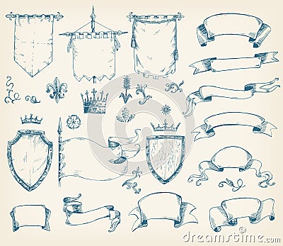 Vector hand drawn collection of heraldic templates: shield, flag Vector Illustration