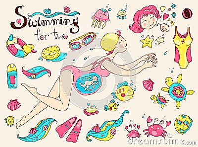 Vector hand drawn collection. Mom and baby. Swimming for pregnan Vector Illustration