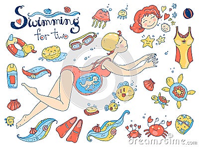 Vector hand drawn collection. Mom and baby. Swimming for pregnant Vector Illustration