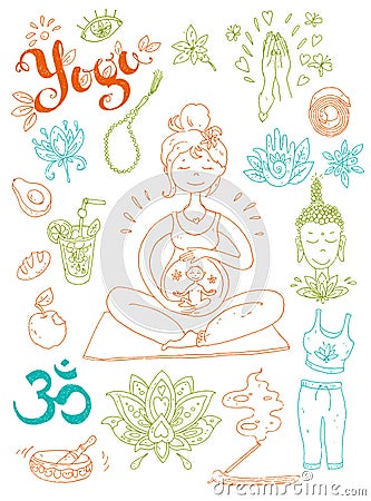 Vector hand drawn collection. Mom and baby. Yoga for pregnant wo Vector Illustration