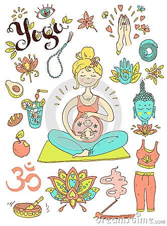 Vector hand drawn collection. Mom and baby. Yoga for pregnant Vector Illustration