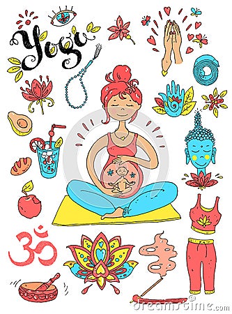 Vector hand drawn collection. Mom and baby. Yoga for pregnant Vector Illustration