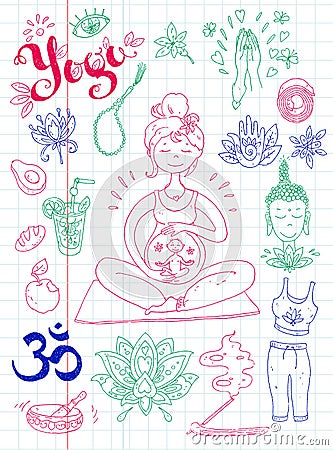 Vector hand drawn collection. Mom and baby. Yoga for pregnant Vector Illustration