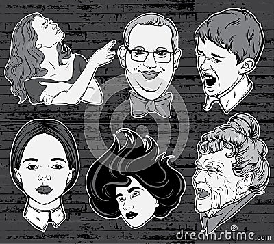 Vector hand drawn collection of portraits made in comics stylw Vector Illustration