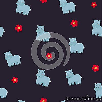 Vector hand-drawn color childish seamless repeating simple flat pattern with hippos, rainbow, plants in Scandinavian style on a Stock Photo