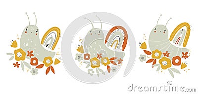 Vector hand-drawn color childish simple set with cute snails and flowers in Scandinavian style on a white background Vector Illustration