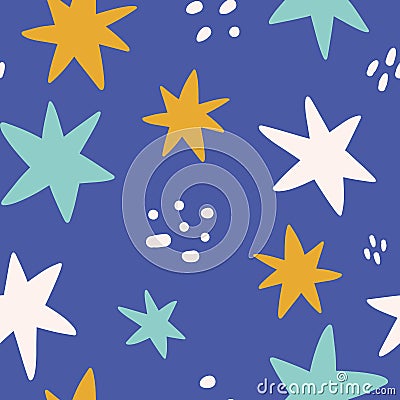 Vector hand-drawn color seamless childish simple pattern for kids with cute star. Baby pattern with night sky. Fabric Vector Illustration