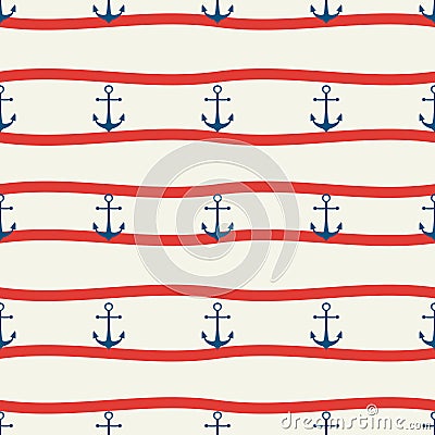 Vector hand drawn colored childish seamless repeat simple flat pattern with anchor and wawe . Pattern for children. Sea Stock Photo
