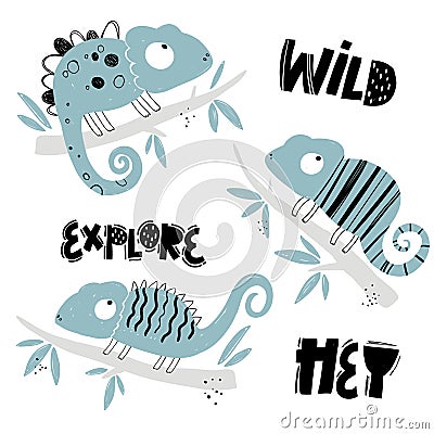 Vector hand-drawn colored childish set with chameleons in scandinavian style on a white background. Cute baby animals Vector Illustration