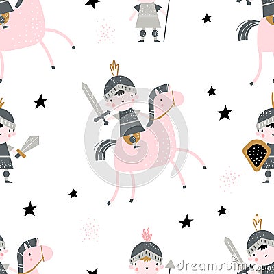 Vector hand-drawn colored childrens seamless repeating pattern with cute knights and stars on a white background Vector Illustration