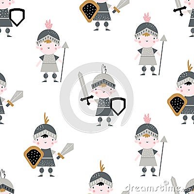 Vector hand-drawn colored childrens seamless repeating pattern with cute knights on a white background. Creative kids Vector Illustration