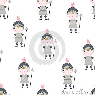 Vector hand-drawn colored childrens seamless repeating pattern with cute knights on a white background. Creative kids Vector Illustration