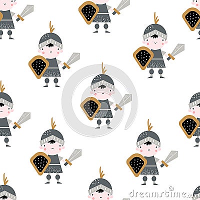 Vector hand-drawn colored childrens seamless repeating pattern with cute knights on a white background. Creative kids Vector Illustration