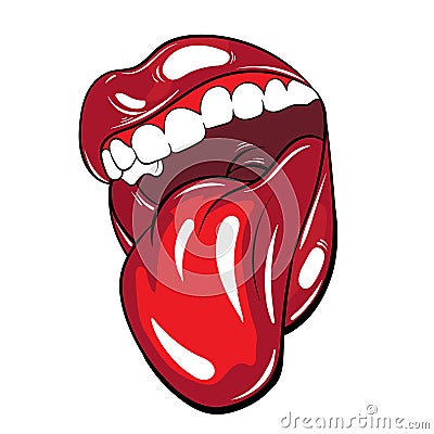 Vector hand drawn colorful illustration of mouth with tongue . Vector Illustration