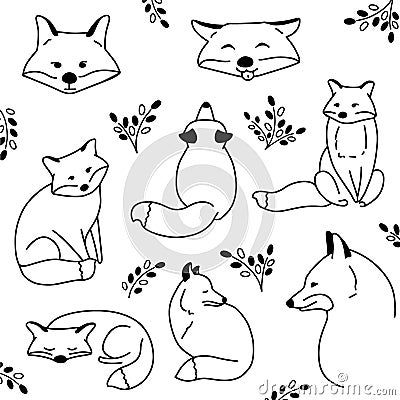 Vector hand drawn cute animal set. Sketch illustration with sitting, funny and sleeping foxes. Collection of doodle cartoon Vector Illustration