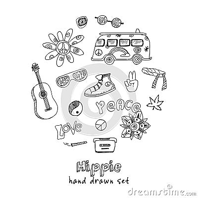 Vector hand drawn Doodle cartoon set of hippie objects and symbols Vector Illustration