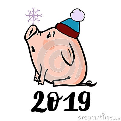 Vector hand drawn doodle illustration of new year winter piglet with a snowflake and 2019 Cartoon Illustration